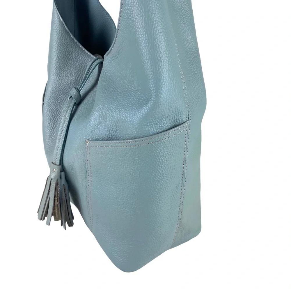 LAGGO Havana Hobo Shoulder Bag Blue Pebbled Leather Fringe Nice Large Size